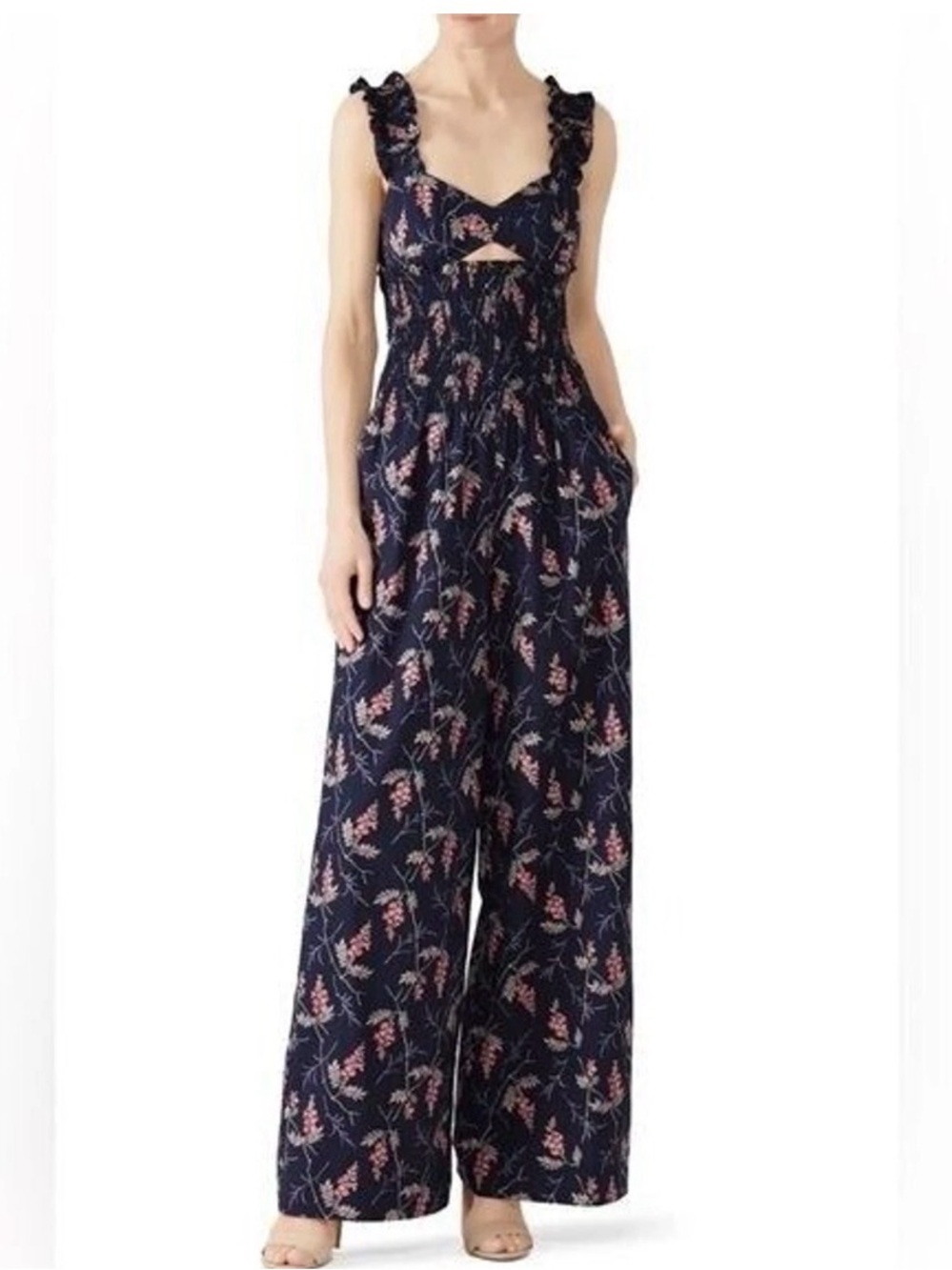 Rebecca Taylor Navy Floral Ruffle-Strap Wide-Leg Jumpsuit size 2